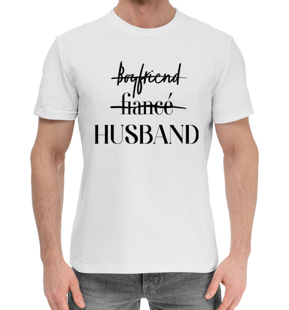 Мужская хлопковая футболка с изображением Husband белый фон цвета Белый