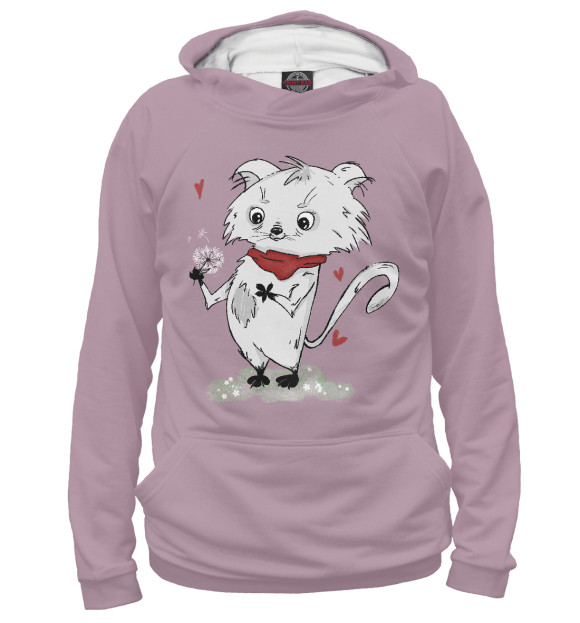 Женское худи с изображением Романтичный котик (розовый фон) цвета Белый