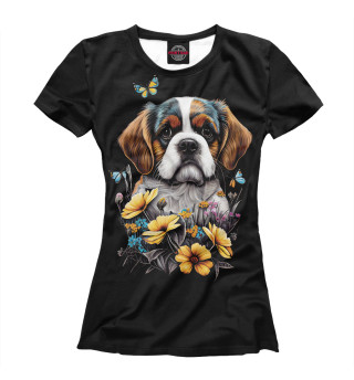 Женская футболка Бернский зенненхунд - щенок с цветами