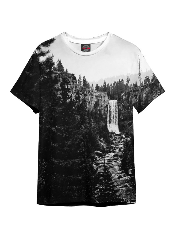 Мужская футболка с изображением Чёрно-белый водопад в лесу цвета Белый