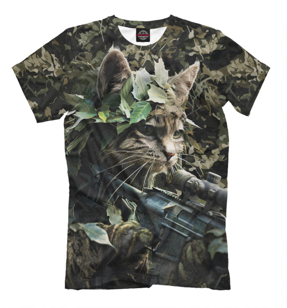 Мужская футболка с изображением Кот снайпер в камуфляже цвета Белый