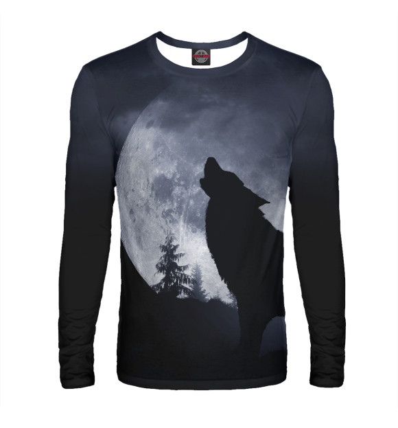 Мужской лонгслив с изображением Волк воет на луну цвета Белый