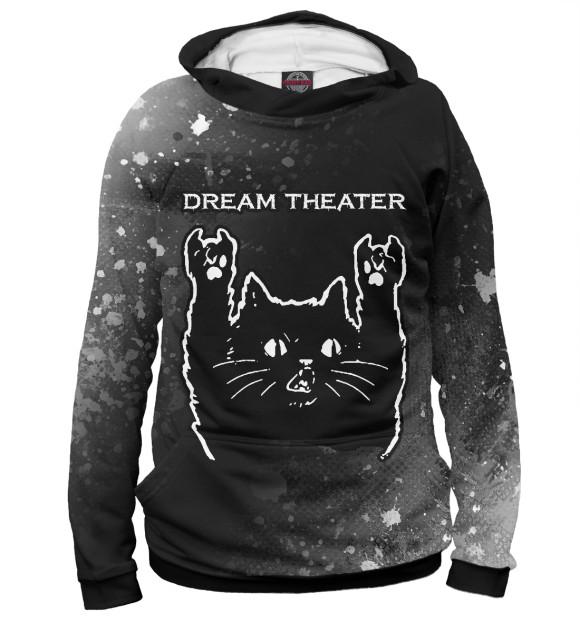 Женское худи с изображением Dream Theater - Рок Кот цвета Белый