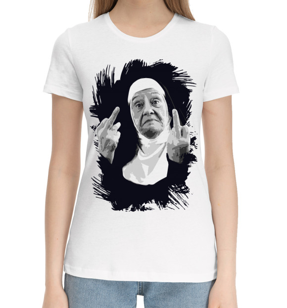 Женская хлопковая футболка с изображением Дерзкая монашка цвета Белый