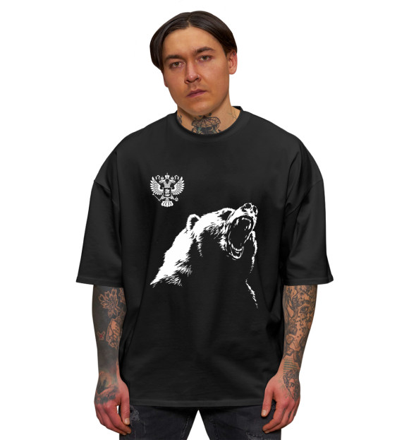 Мужская футболка оверсайз с изображением Русский медведь и герб цвета Черный