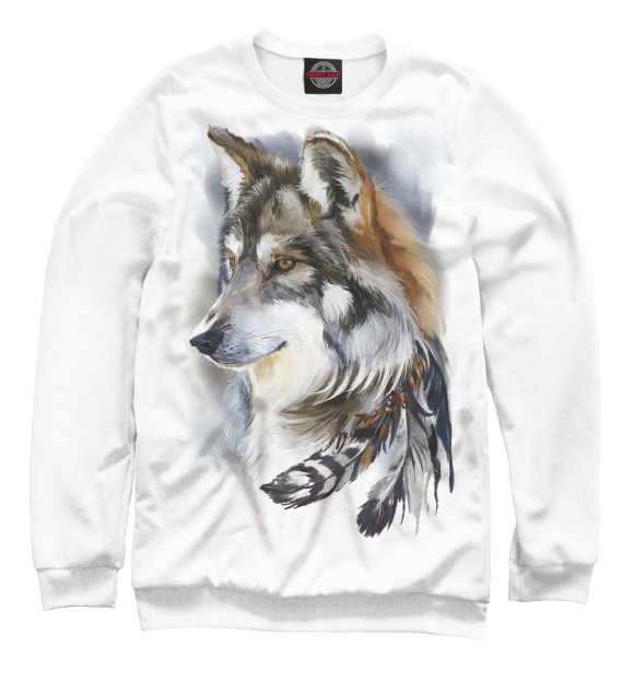Мужской свитшот с изображением Волк с пером цвета Белый