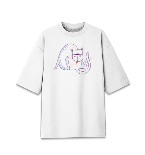 Мужская футболка оверсайз с изображением Кот умывается цвета Белый