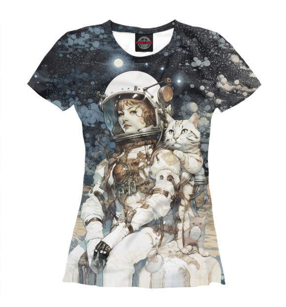 Женская футболка с изображением Космонавт с белым полосатым котом цвета Белый