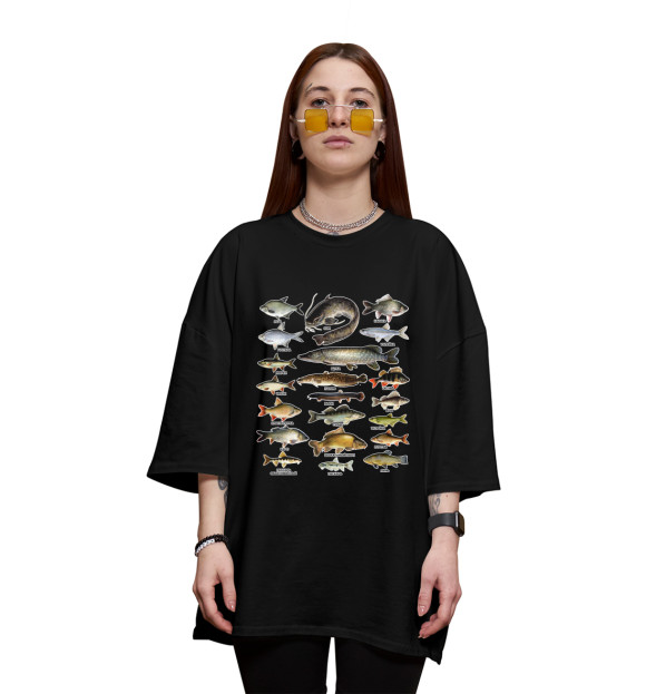 Женская футболка оверсайз с изображением Рыбы цвета Черный