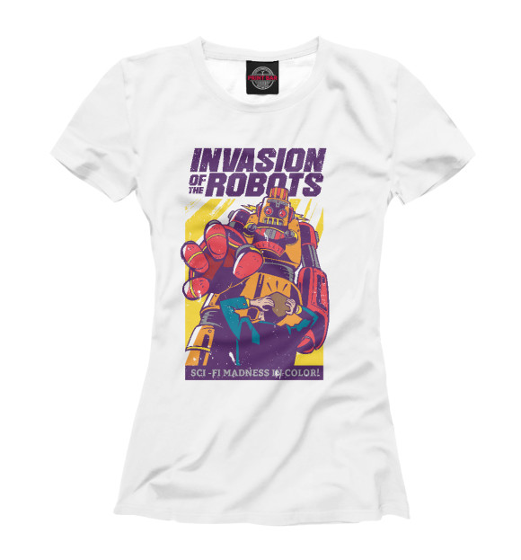 Женская футболка с изображением Вторжение роботов цвета Белый