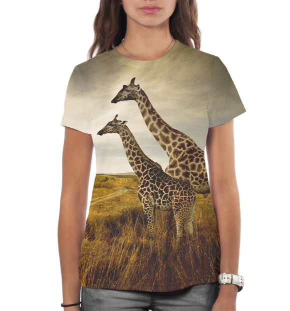 Женская футболка с изображением Жирафы на прогулке цвета Белый