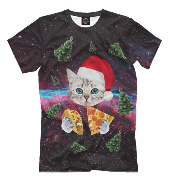 Мужская футболка с изображением Котик с Пиццей и Ёлочки цвета Молочно-белый