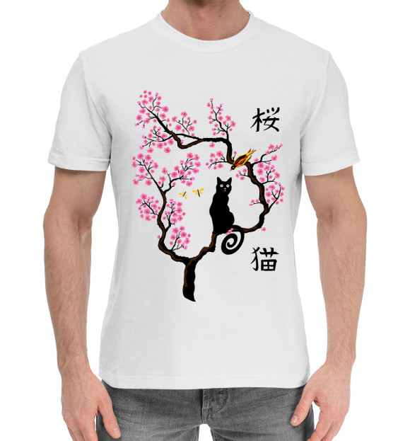 Мужская хлопковая футболка с изображением Кошка и птица на сакуре цвета Белый