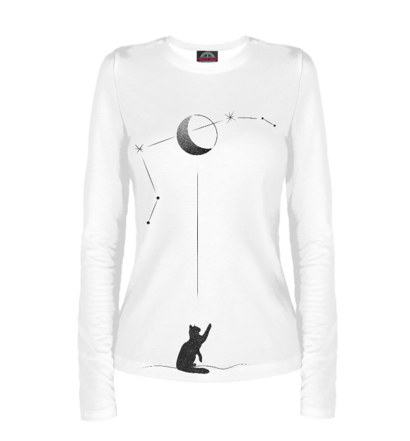 Женский лонгслив с изображением Черный кот цвета Белый