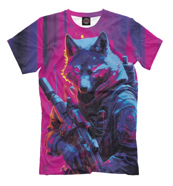 Мужская футболка с изображением Неоновый волк солдат спецназа цвета Белый