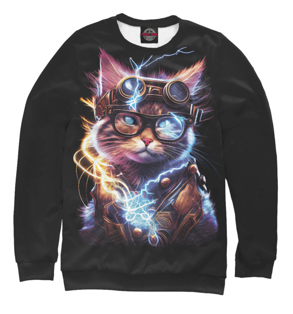 Мужской свитшот с изображением Электрический кот стимпанк цвета Белый