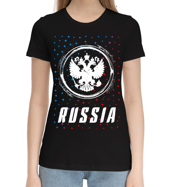 Женская хлопковая футболка с изображением Россия Sport - Герб цвета Черный