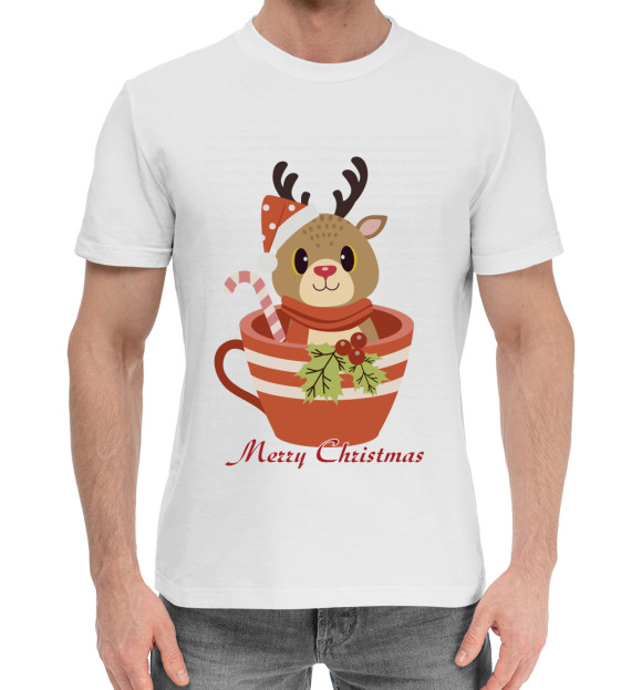 Мужская хлопковая футболка с изображением Merry Christmas цвета Белый
