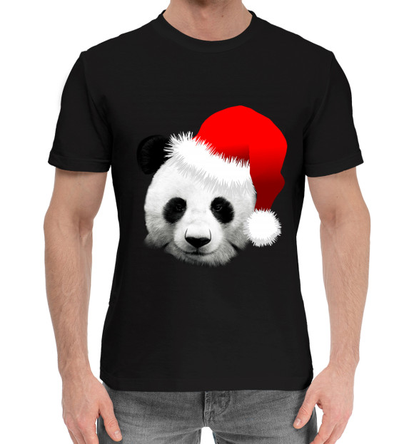 Мужская хлопковая футболка с изображением Новогодний Панда цвета Черный