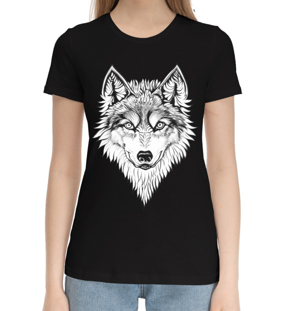 Женская хлопковая футболка с изображением Волчий мотив цвета Черный