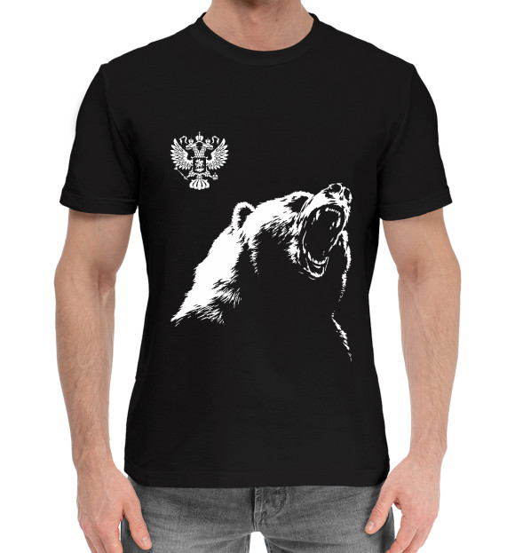 Мужская хлопковая футболка с изображением Русский медведь и герб цвета Черный