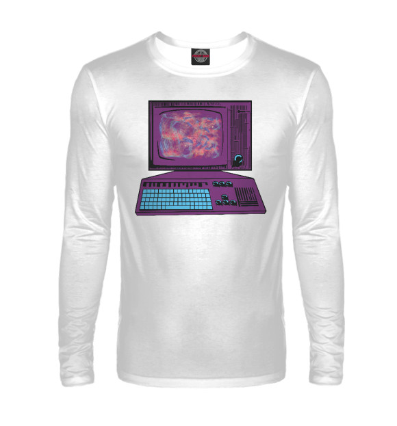 Мужской лонгслив с изображением Компьютер с космосом цвета Белый
