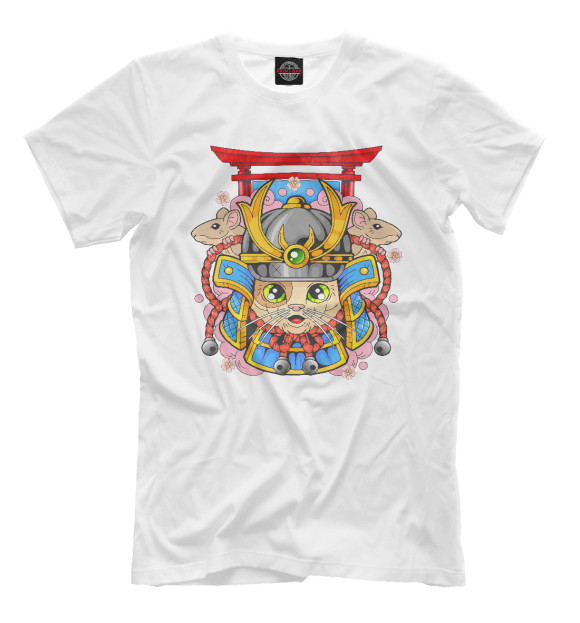 Мужская футболка с изображением Кот самурай цвета Белый