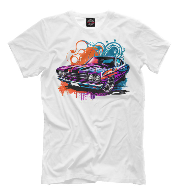 Мужская футболка с изображением Muscle car в ярких цветах на белом цвета Белый