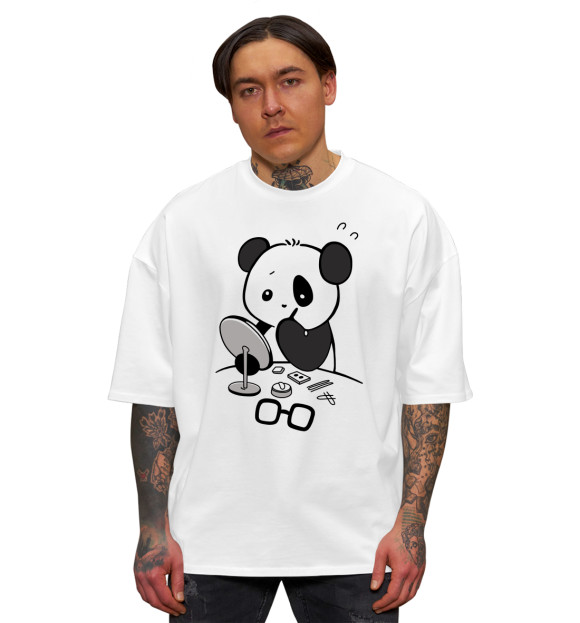 Мужская футболка оверсайз с изображением Панда красит глаза цвета Белый