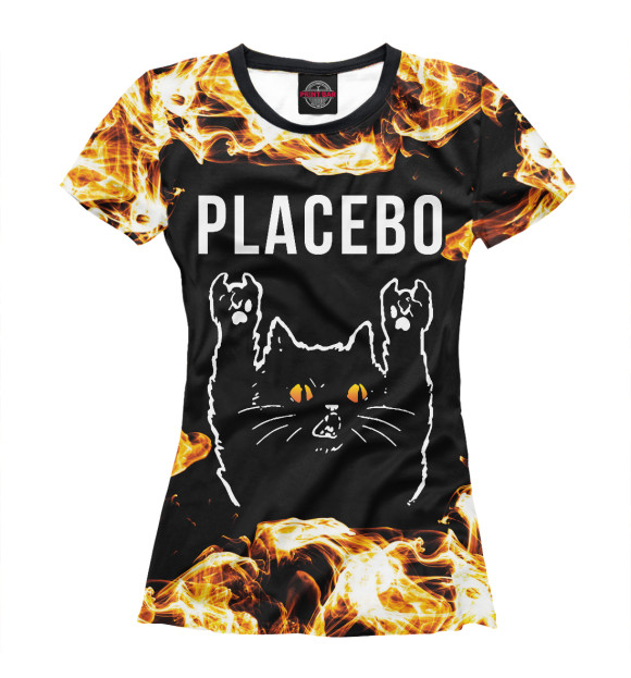 Женская футболка с изображением Placebo Рок Кот и Огонь цвета Белый