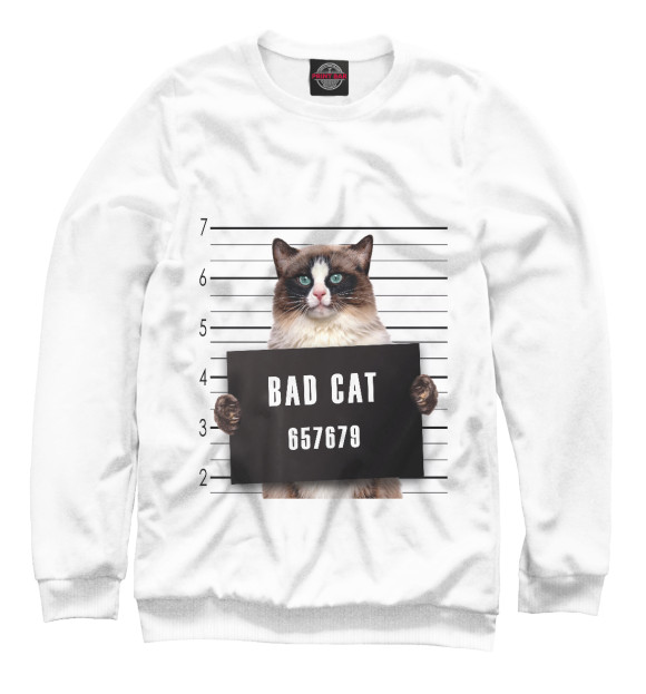 Мужской свитшот с изображением Bad cat цвета Белый