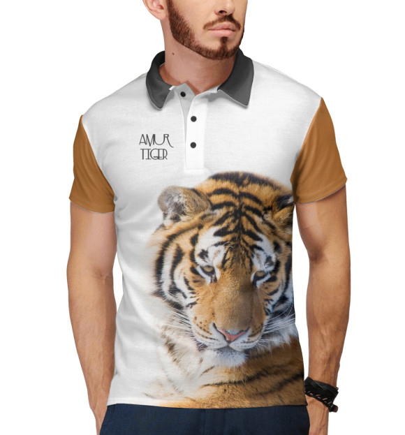 Мужское поло с изображением Уссурийский тигр цвета Белый