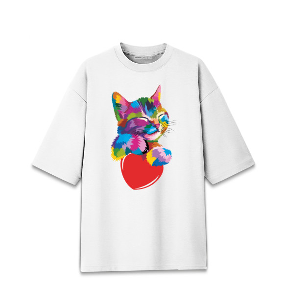 Мужская футболка оверсайз с изображением Радужный котэ цвета Белый