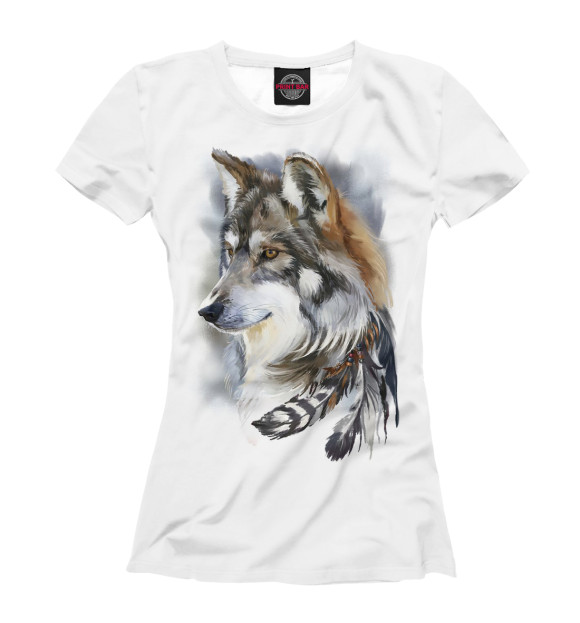 Женская футболка с изображением Волк с пером цвета Белый