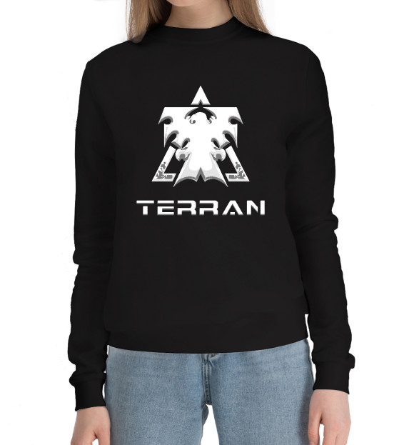 Женский хлопковый свитшот с изображением StarCraft II Terran цвета Черный