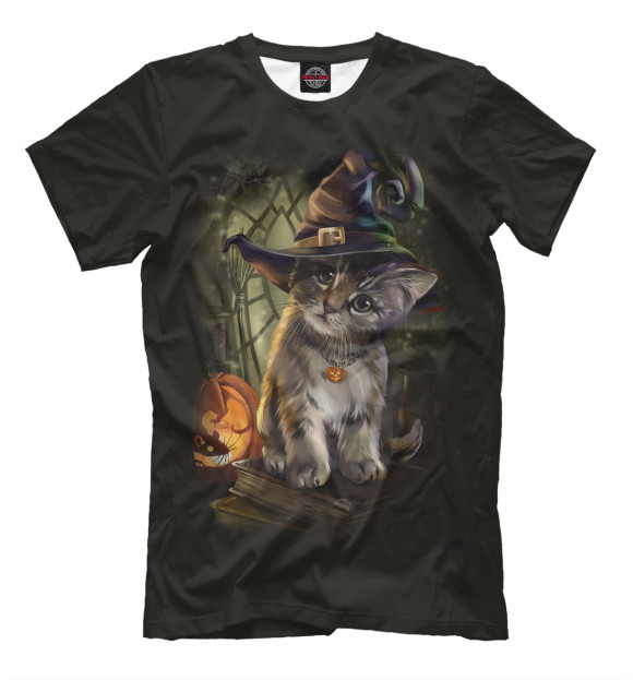 Мужская футболка с изображением Ведьмин котенок цвета Черный