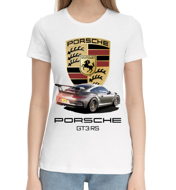 Женская хлопковая футболка с изображением Porsche GT3 RS цвета Белый