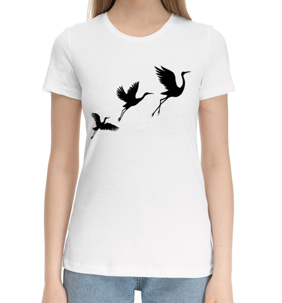 Женская хлопковая футболка с изображением Улетающие журавли цвета Белый