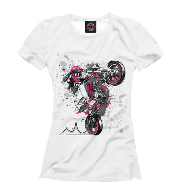 Женская футболка с изображением Девушка на мотоцикле цвета Белый