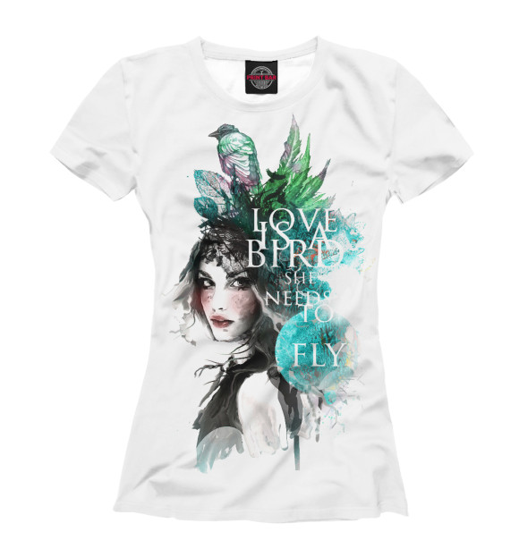 Женская футболка с изображением Девушка с птицами и листьями цвета Белый