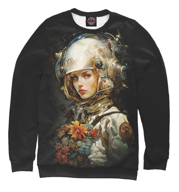 Женский свитшот с изображением Космическая красавица с цветами цвета Белый