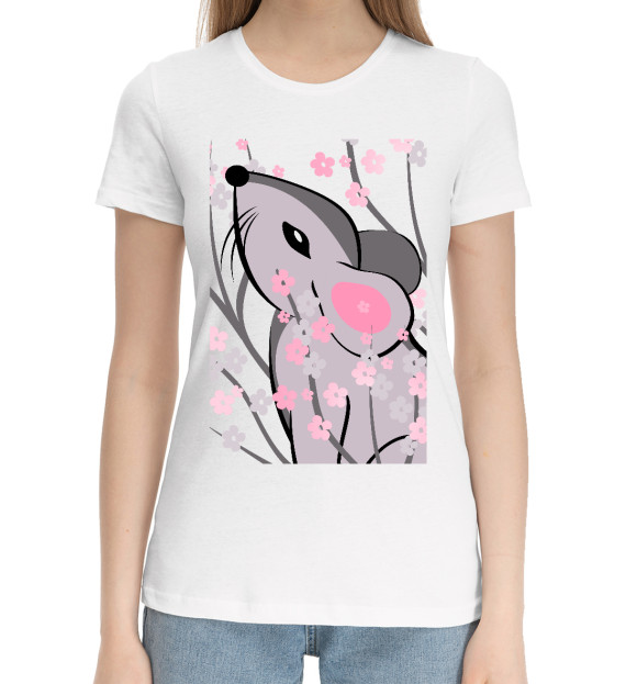 Женская хлопковая футболка с изображением Мышка и сакура цвета Белый
