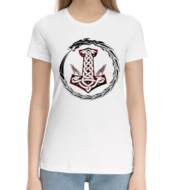 Женская хлопковая футболка с изображением Символ Тора цвета Белый