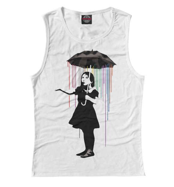 Женская майка с изображением Banksy цветной дождь цвета Белый