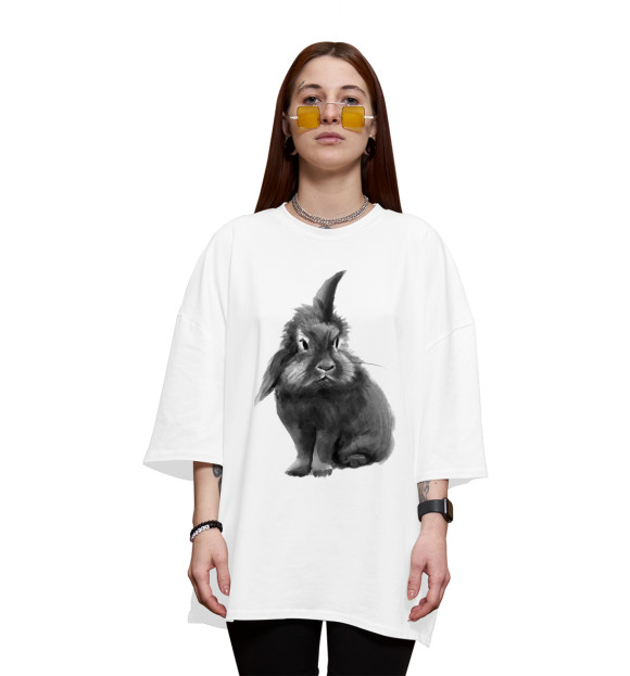 Женская футболка оверсайз с изображением Черно-белый кролик цвета Белый