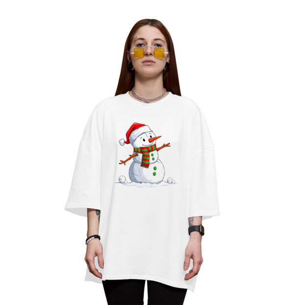 Женская футболка оверсайз с изображением Веселый Снеговик цвета Белый