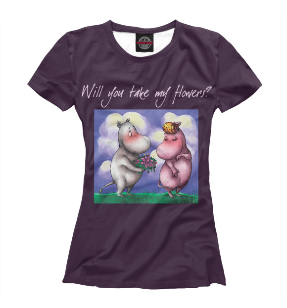 Женская футболка с изображением Муми-тролль и Фрекен цвета Белый