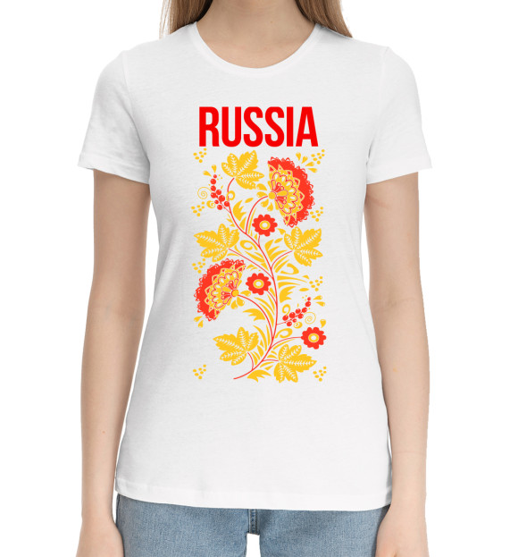 Женская хлопковая футболка с изображением Россия цвета Белый