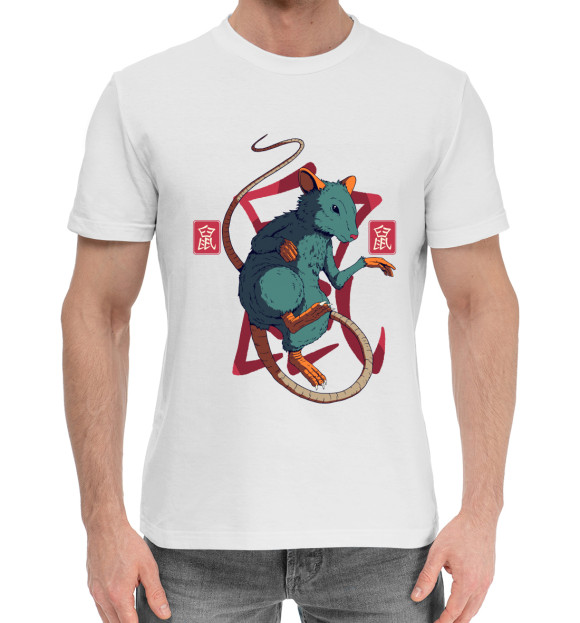 Мужская хлопковая футболка с изображением Китайская Крыса цвета Белый