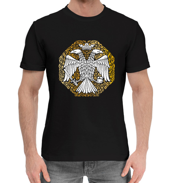 Мужская хлопковая футболка с изображением Византийский двуглавый орёл цвета Черный